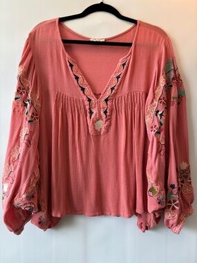 Easel Embroidered Coral Boho Tunic Top